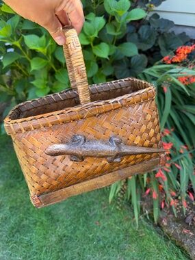 Vintage Gathering Basket Primitive Hand Woven Folk Art Rectangular Lizard Rattan